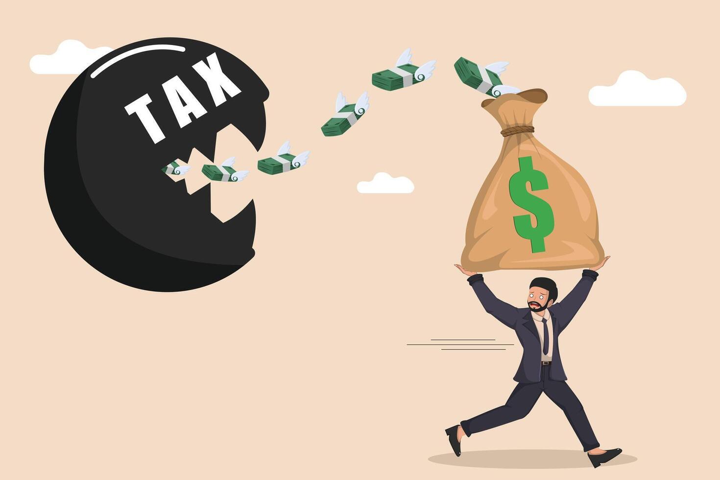 A businessman hurries away with a sack of cash as a ball TAX tries to devour flying money. vector