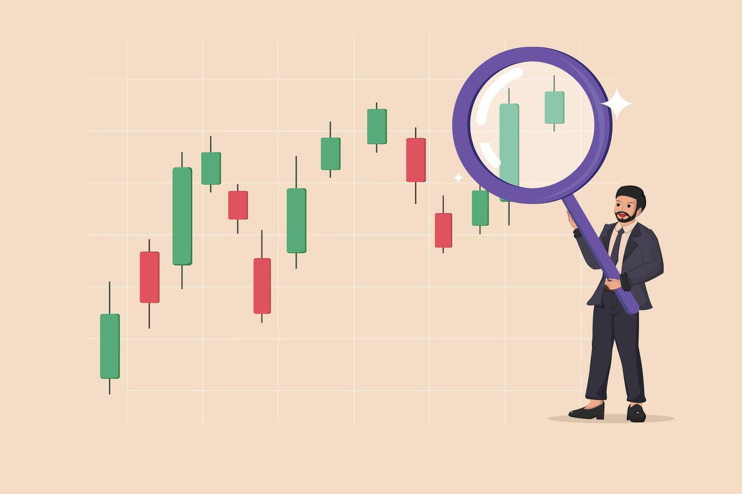 Businessman with Magnifying Glass Analyzing Bullish Candlestick Chart for Financial Growth Insights. vector