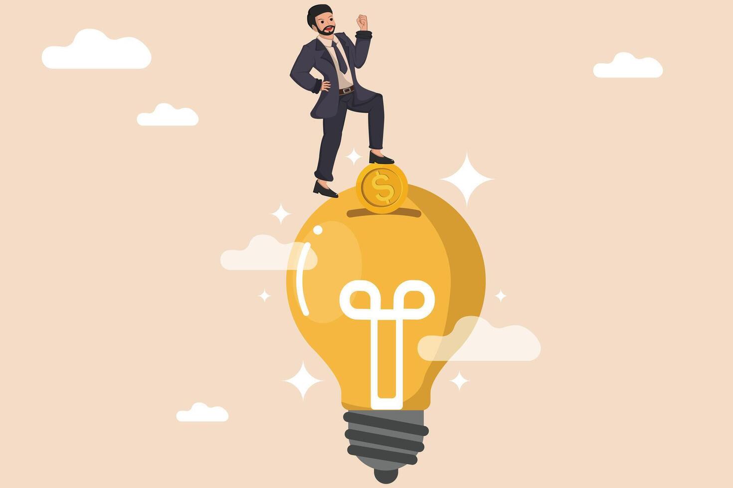 Funding Innovative Ideas Businessman Depositing Money into a Lightbulb Concept for Financial Growth and Innovation. vector