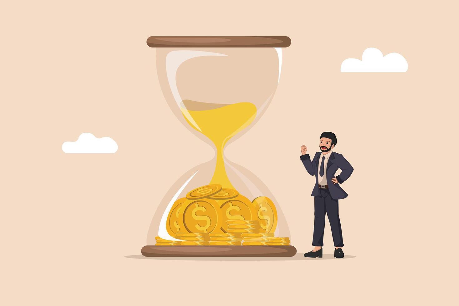 Time is Money Businessman Standing Beside an Hourglass Filled with Golden Coins, Emphasizing the Importance of Time Management in Finance and Investment. vector
