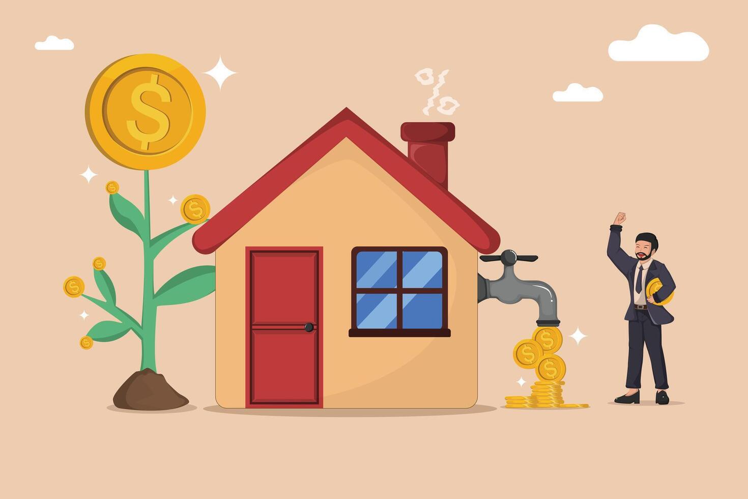 Real Estate Investment and Wealth Growth Concept with Cartoon Businessman, House, and Money Flow Illustration. vector