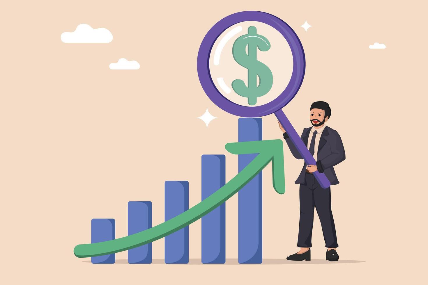 Businessman Analyzing Growing Financial Chart with Dollar Symbol and Magnifying Glass. vector