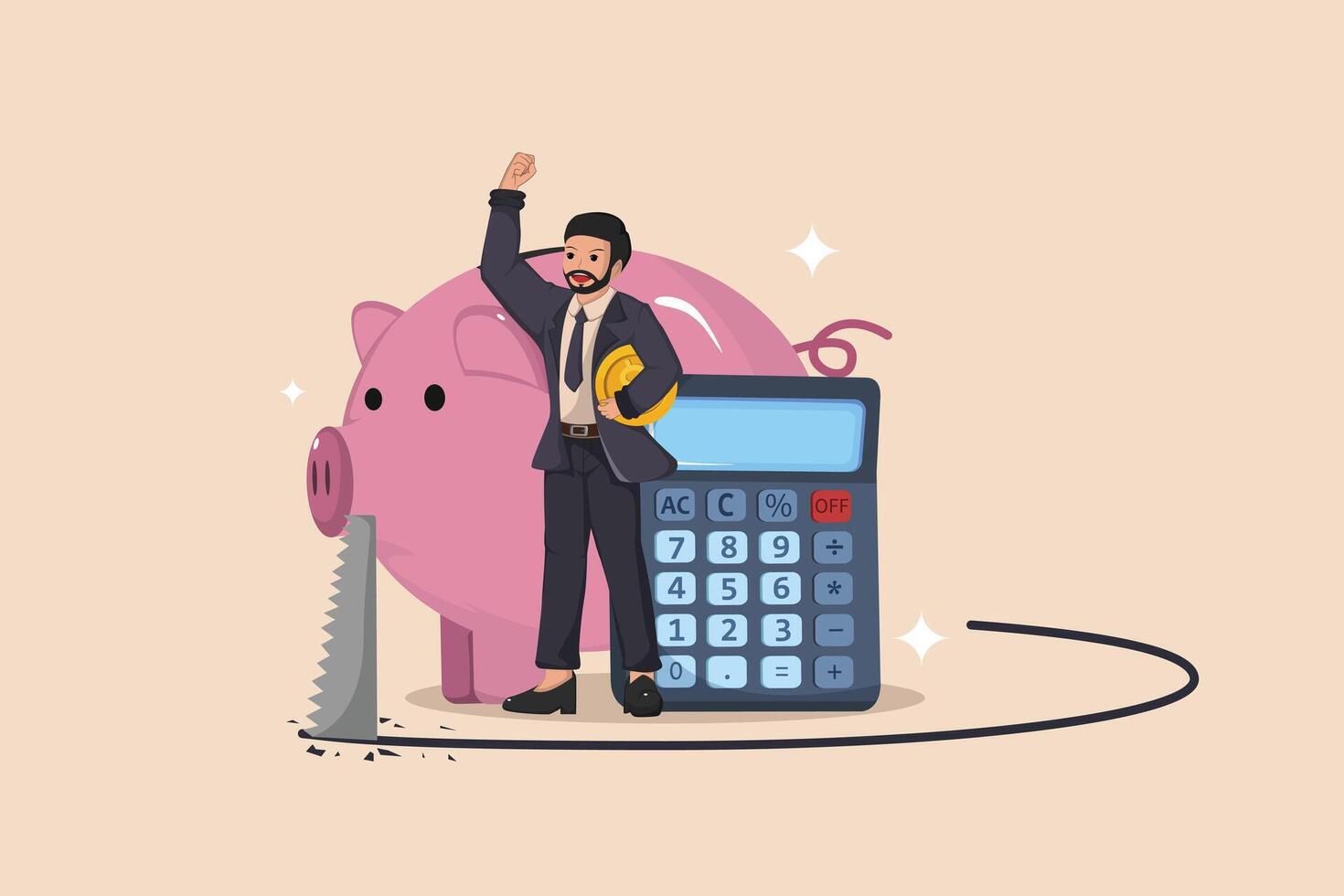 A Businessman Stealing Money from a Piggy Bank with a Saw, Representing Financial Theft and Fraud. vector