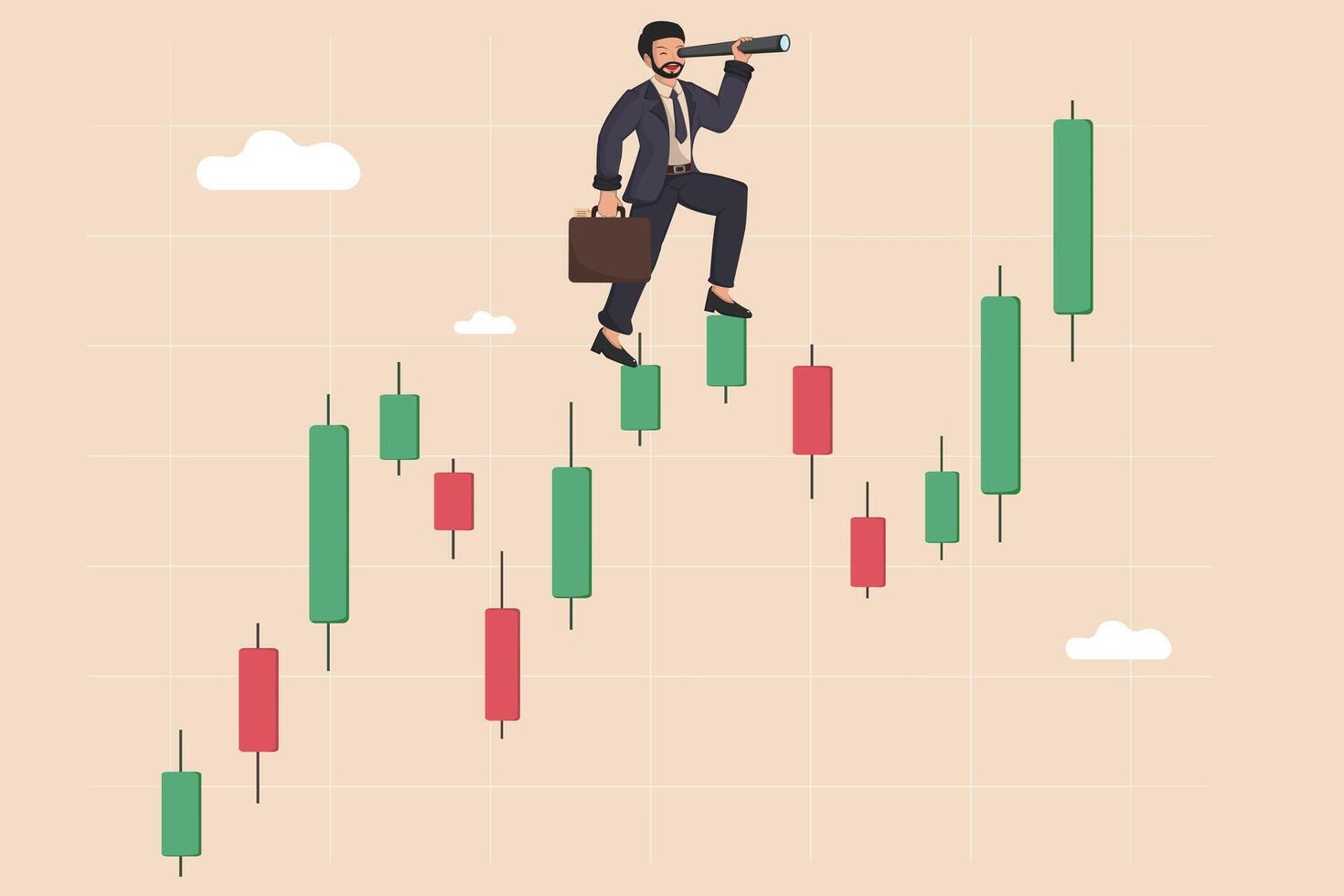 Businessman Analyzing Stock Market Growth Standing on Candlestick Chart with Telescope Illustration. vector