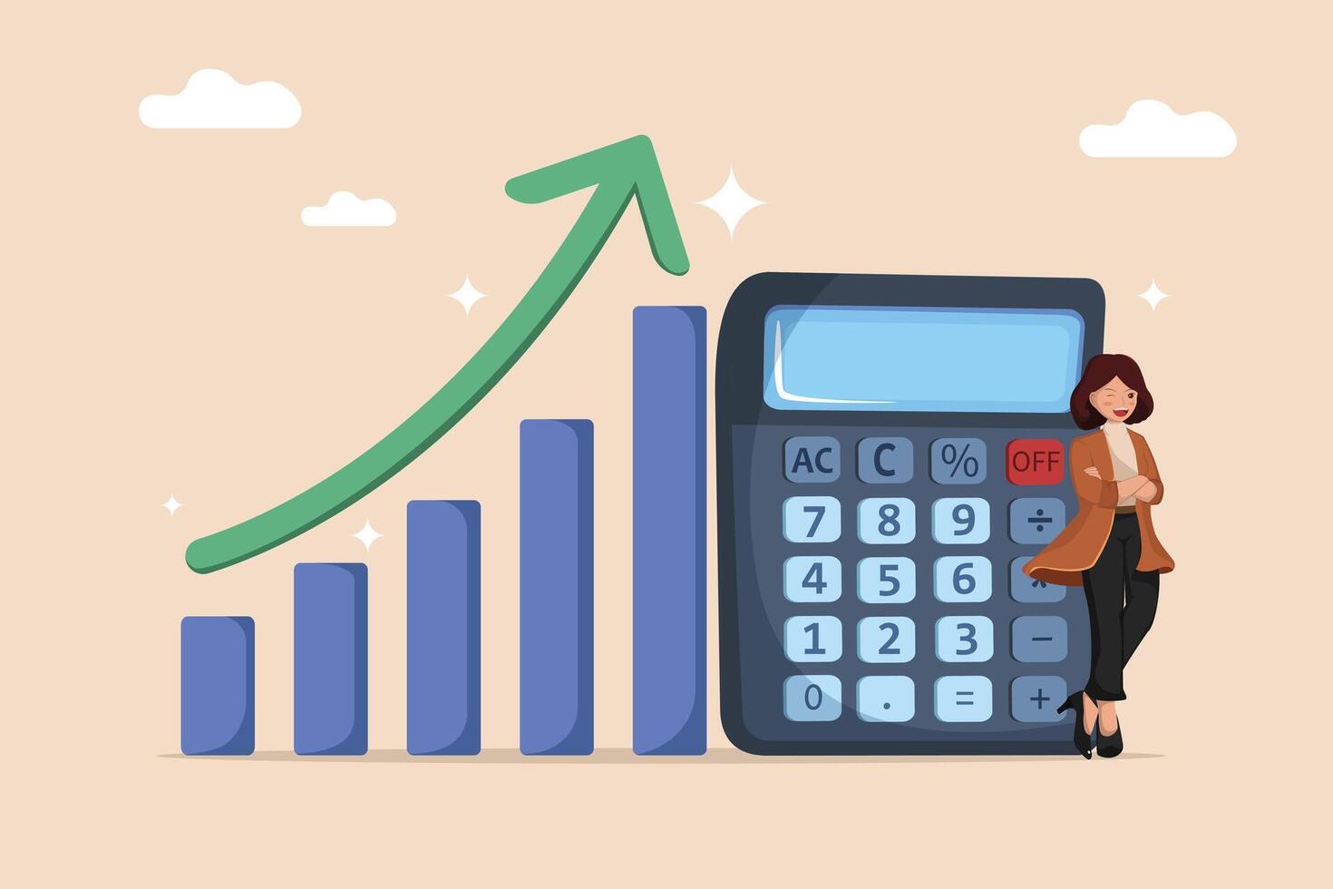 Financial Success Concept Business Growth Graph, Big Calculator, and Confident businesswoman vector