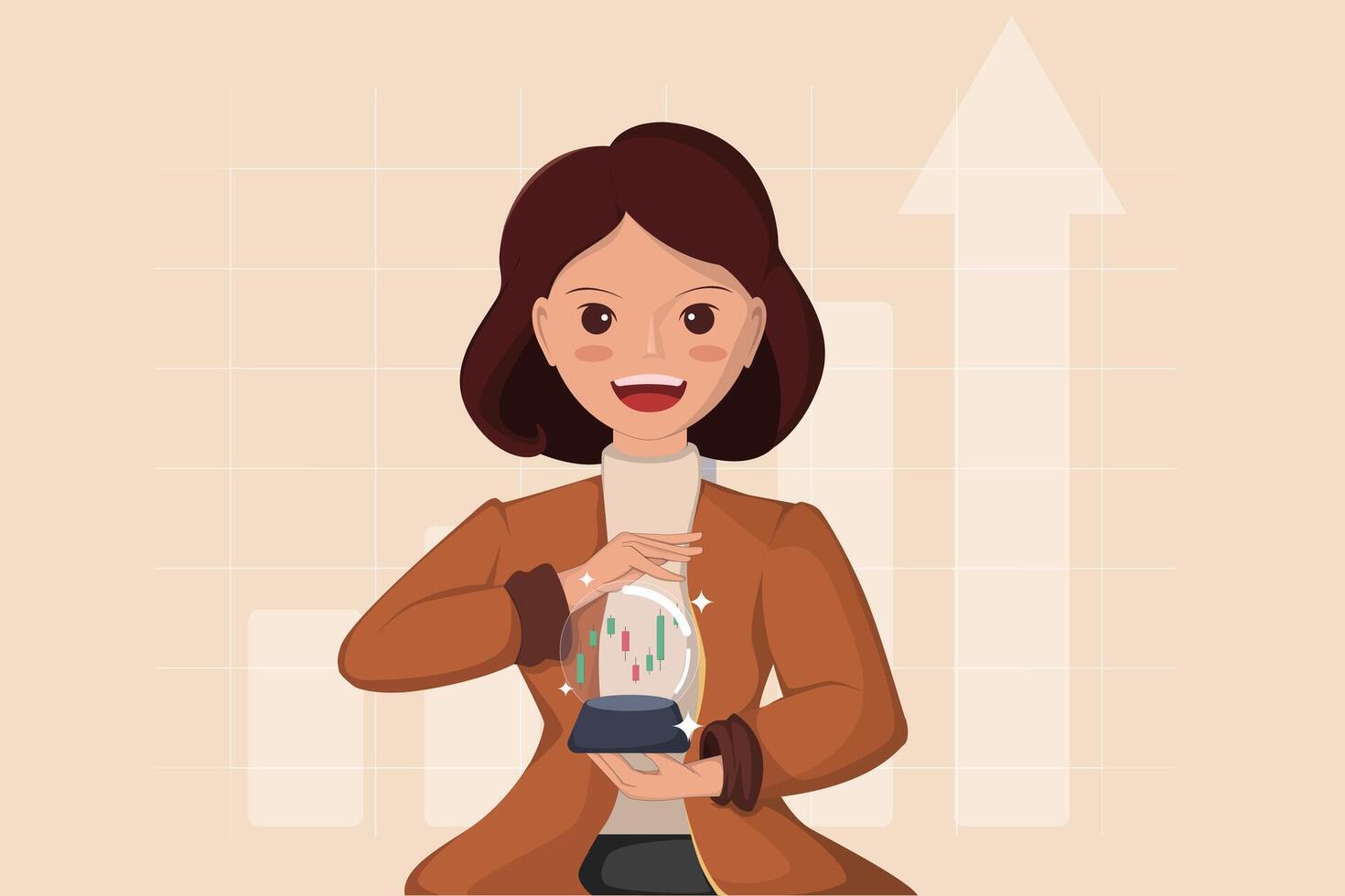 Women and Candlestick Chart A woman holding a snow globe with a candlestick chart inside, representing financial growth. vector