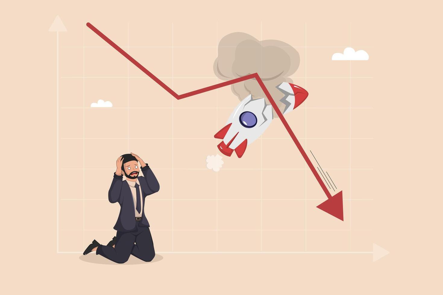 Financial Loss and Business Failure Depicted by Falling Rocket and Downward Market Trend. vector