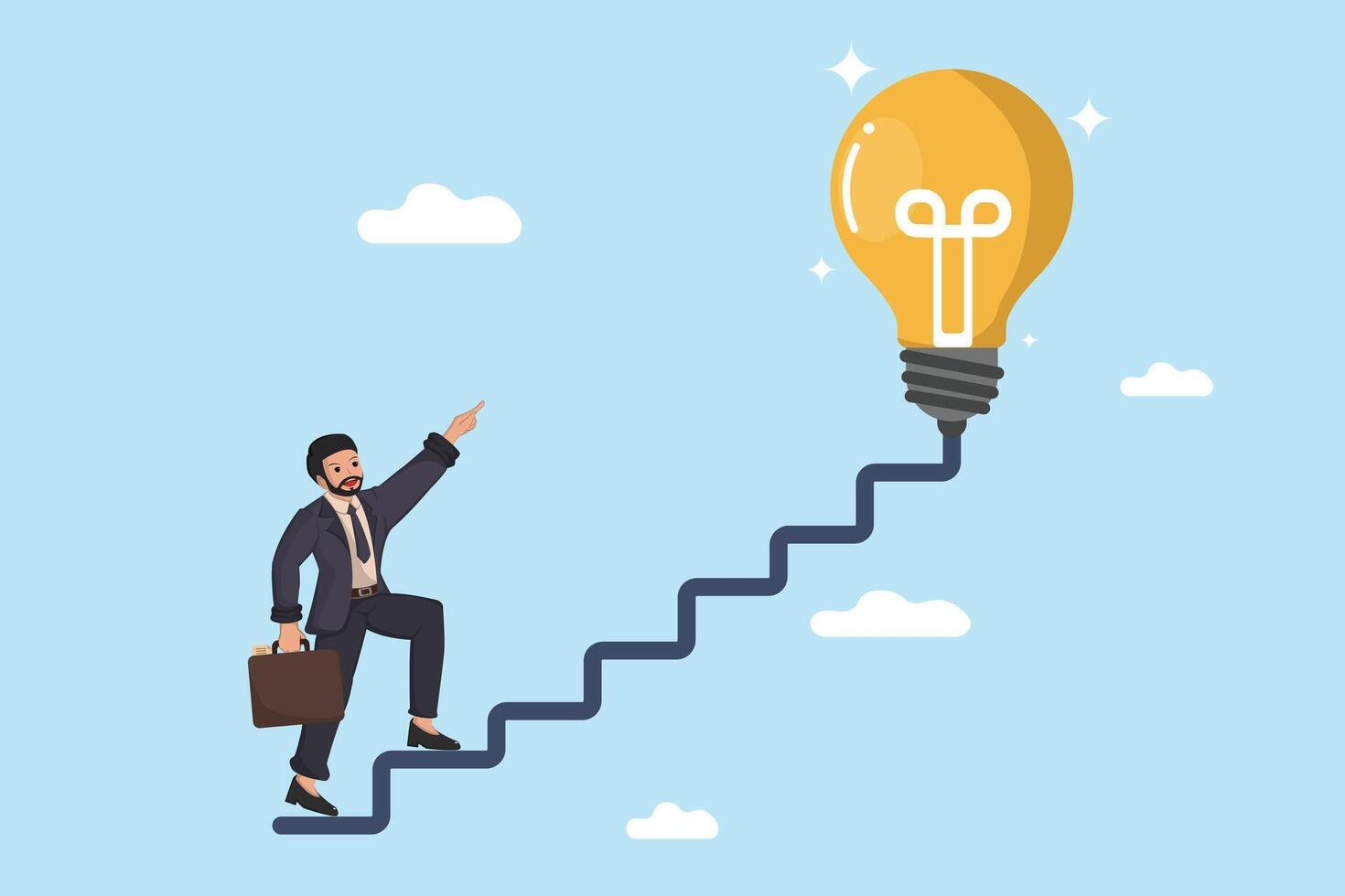 A Businessman Climbing Stairs Towards a Shining Lightbulb, Representing Business Idea and Innovation. vector