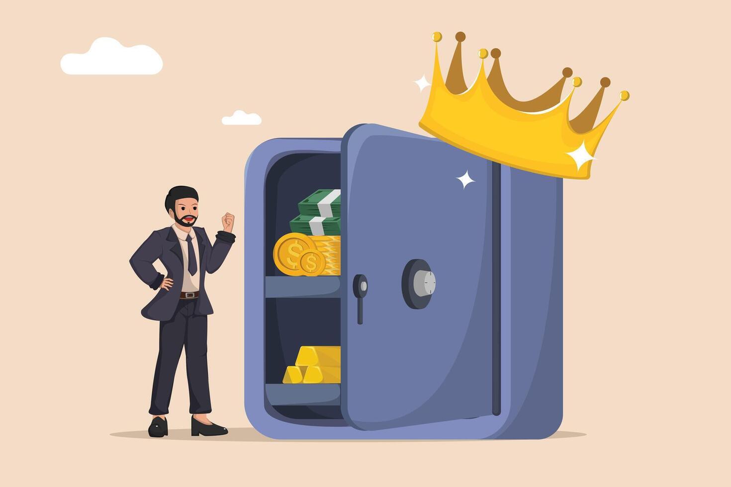 Saving King a businessman with a crown on a safe full of money. vector