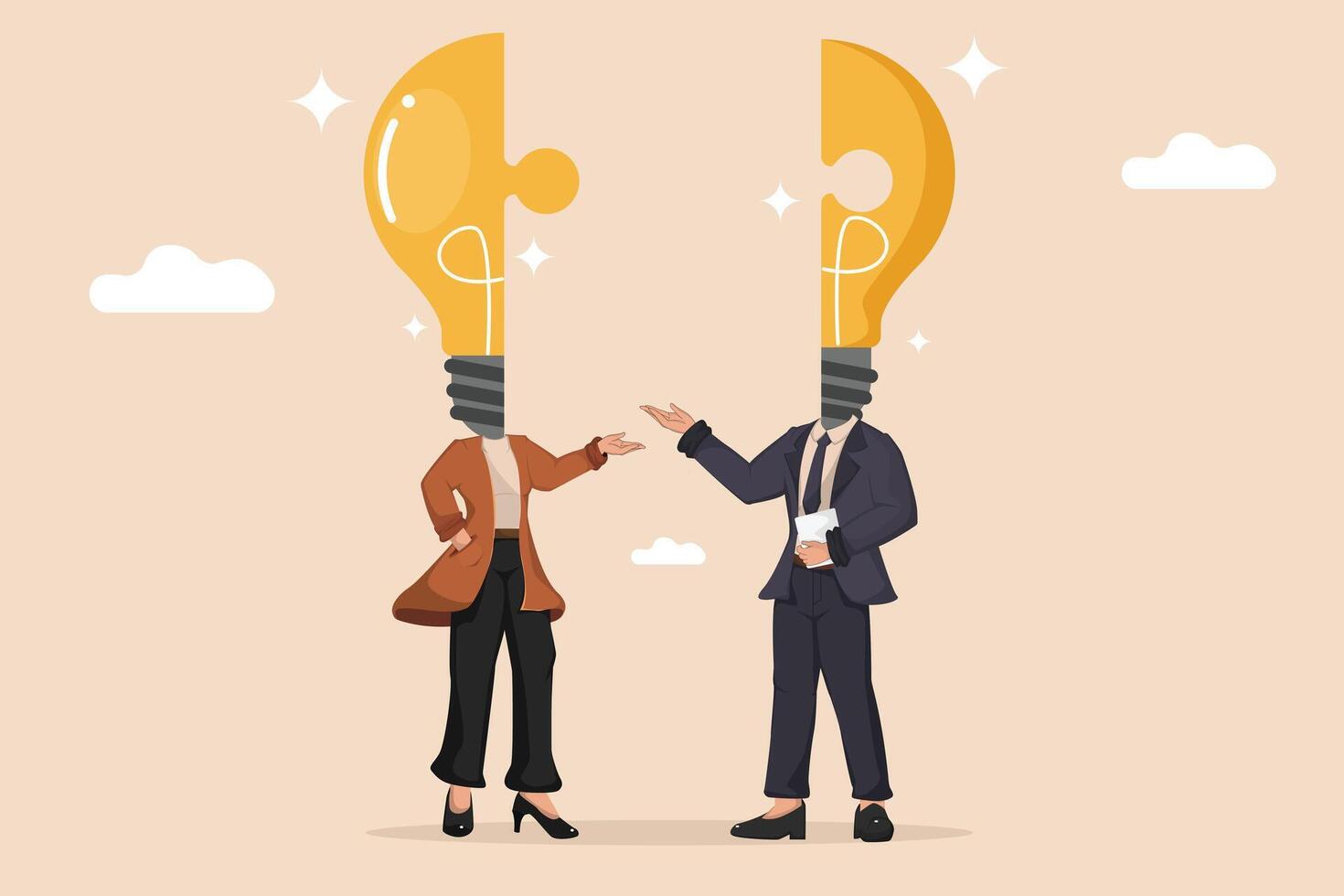 Innovative Business Partnership Male and Female Characters with Light Bulb Heads Connecting as Puzzle Pieces vector