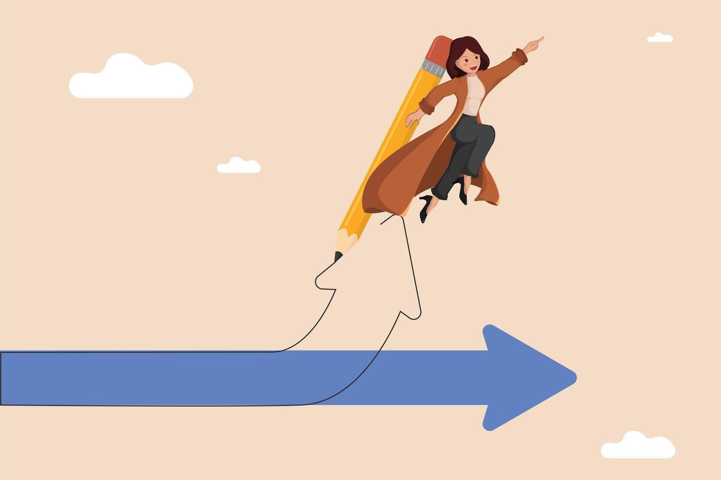 Creative Businesswoman Flying with Giant Pencil Above Arrows Representing Leadership, Creativity, and Innovation. vector