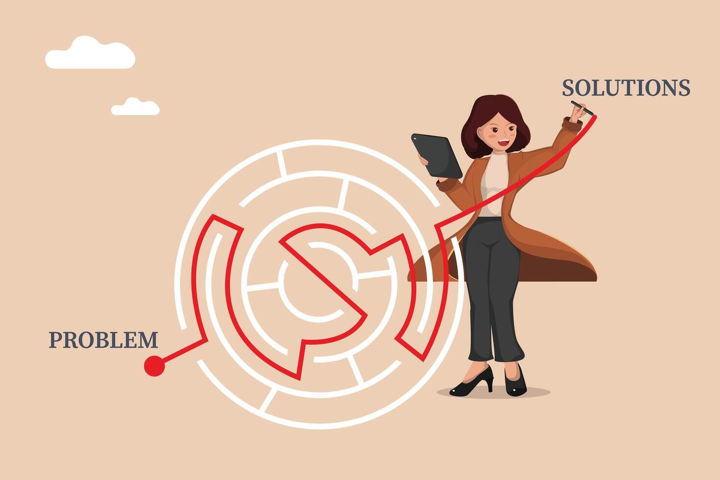 Strategic Problem Solving Woman Drawing a Clear Path Through a Complex Maze to Reach Innovative Solutions, Illustrating Business Strategy and Analytical Thinking. vector