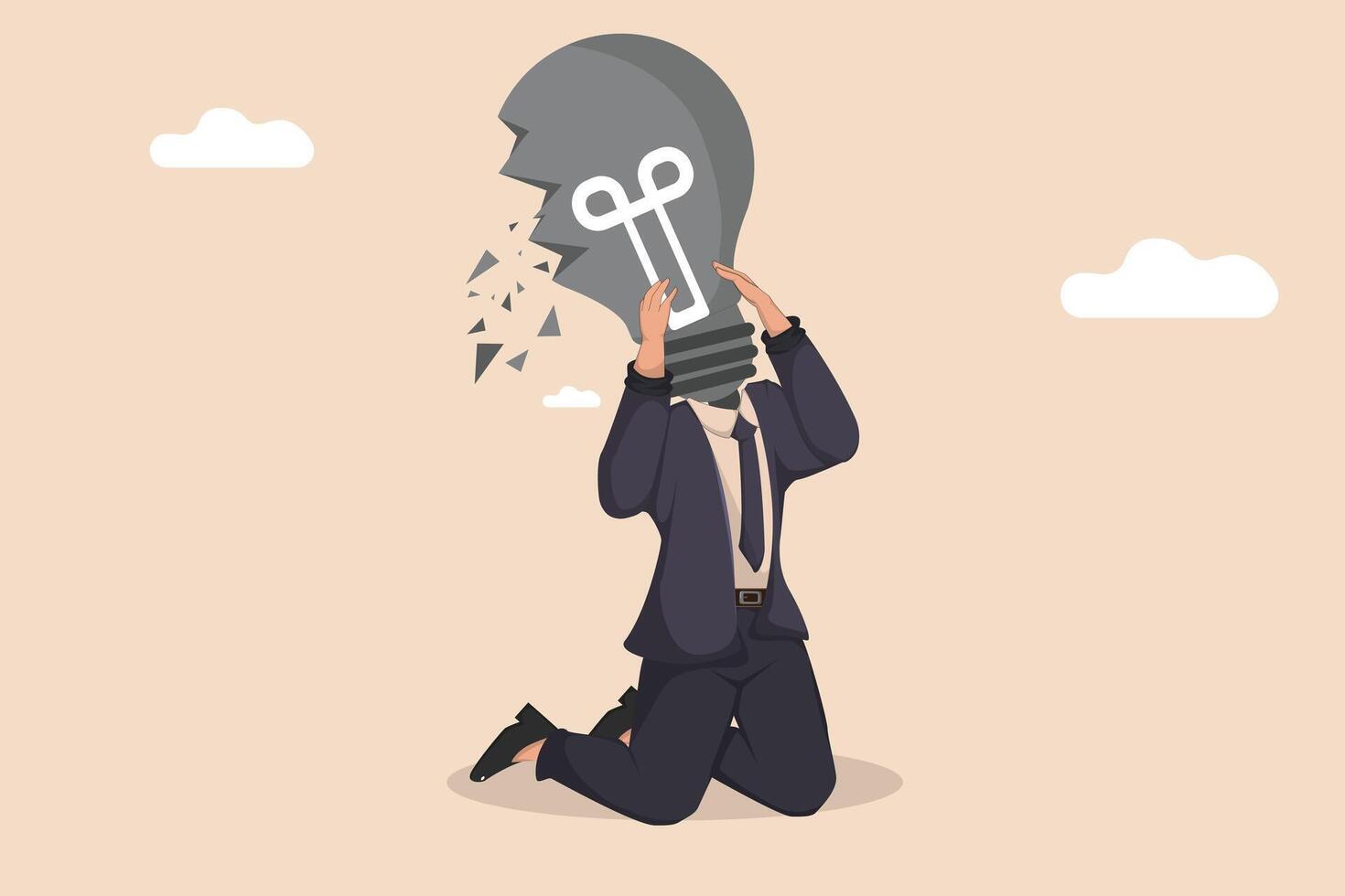 Conceptual Illustration Businessman Kneeling with Broken Light Bulb Head, Symbolizing Idea Loss and Creative Block. vector