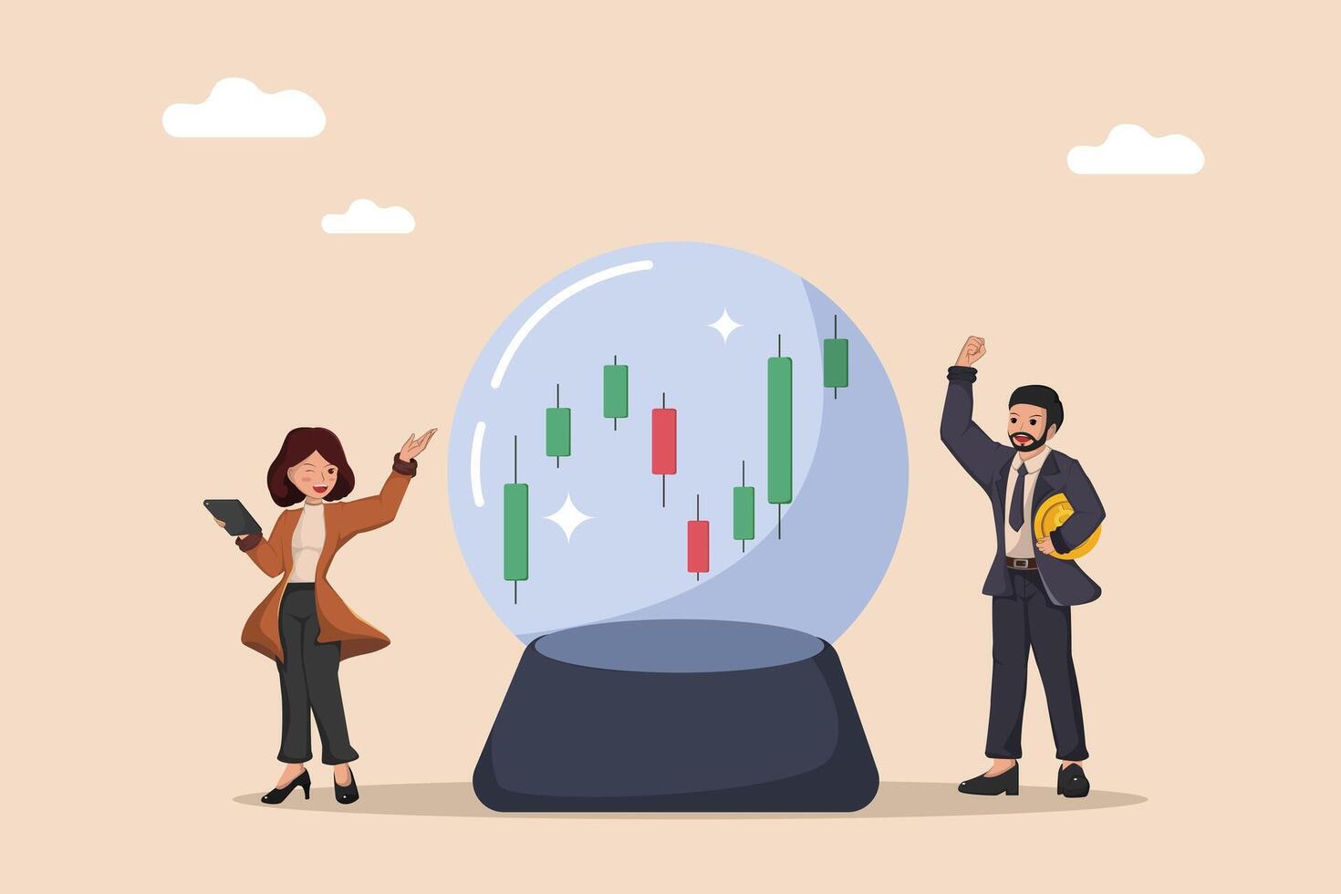 Business Confident Stock Market Analysts Predicting Bullish Trends with Candlestick Charts Inside a Futuristic Crystal Ball. vector