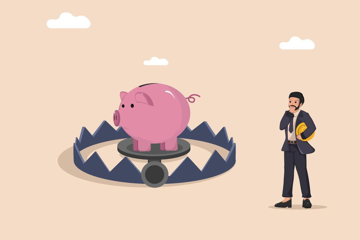 Businessman Thinking About Financial Trap with Piggy Bank on Bear Trap, Risk Investment Concept. vector