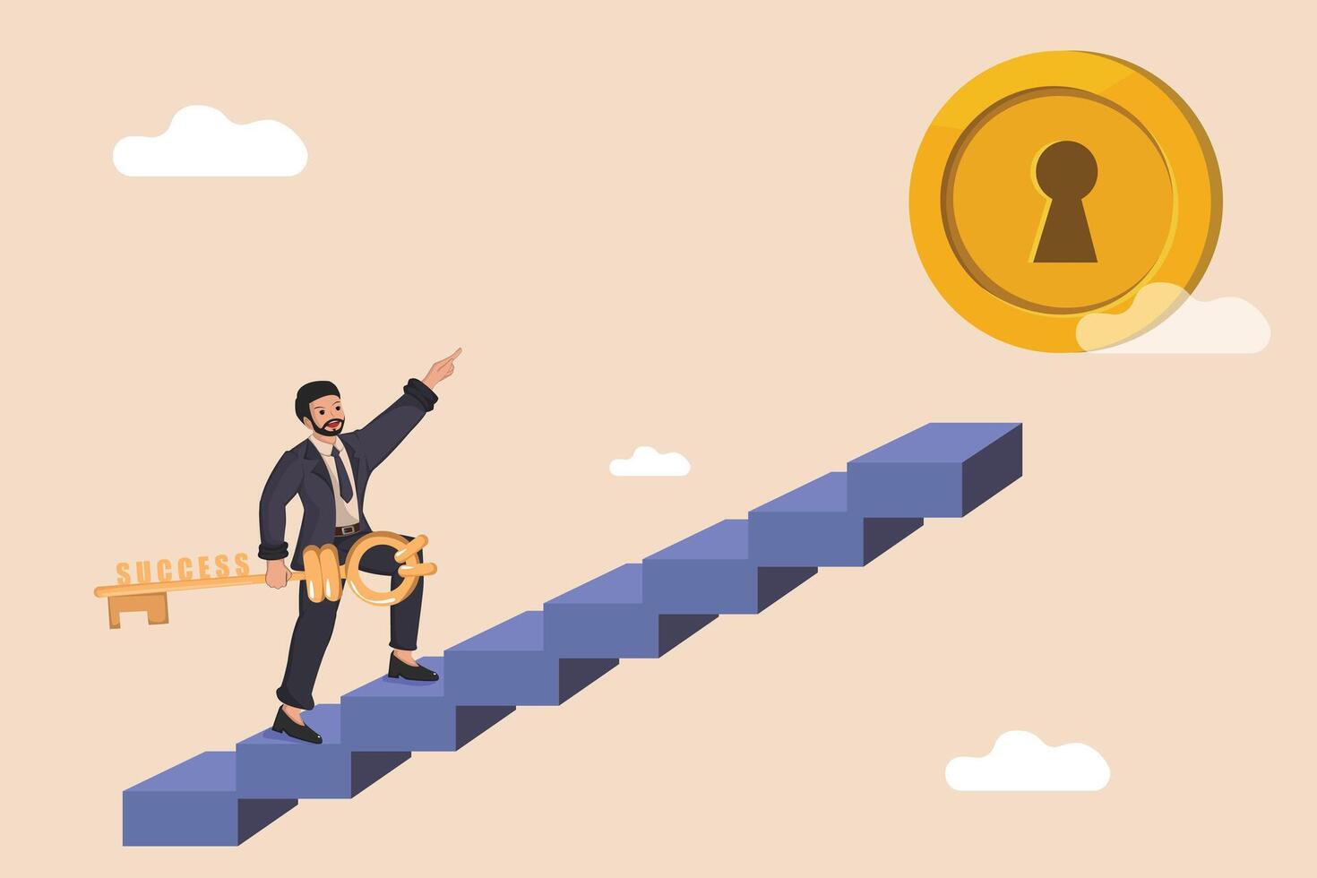 Businessman Climbing Stairs with Success Key Towards a Golden Keyhole Coin Concept of Achieving Business Goals and Financial Success. vector