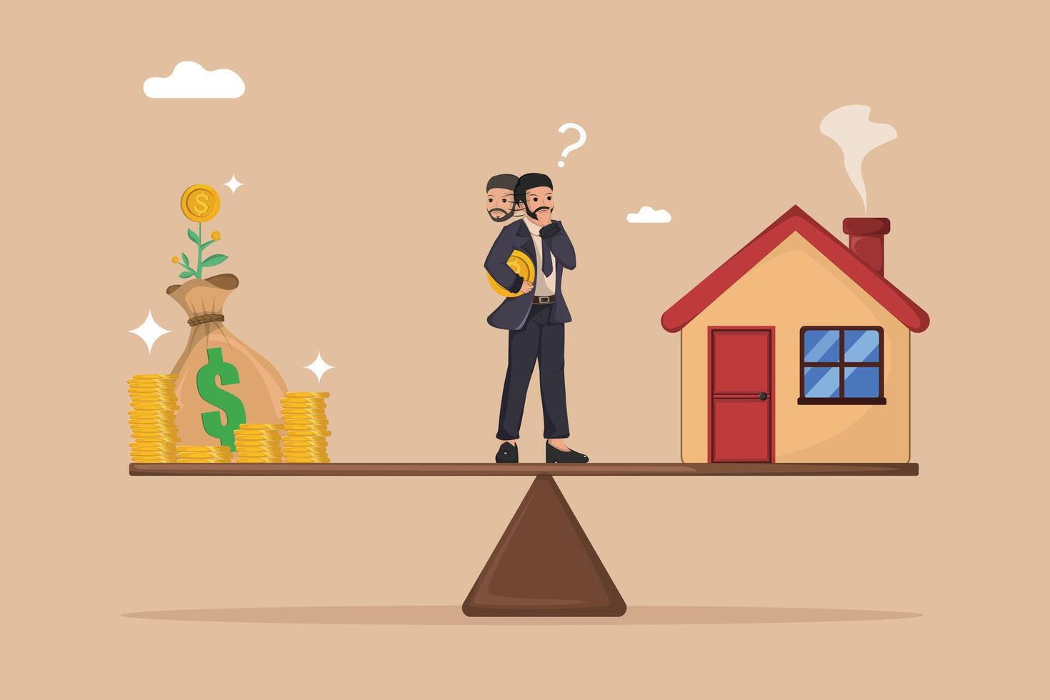 Decision concept Businessman Choosing Between Investment and Homeownership Concept, Financial Decision Making Illustration. vector