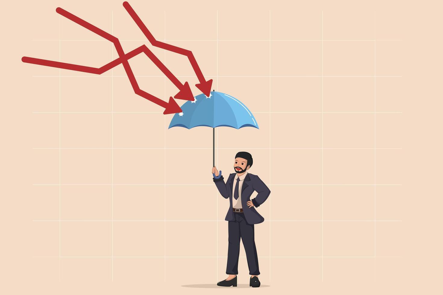 Protecting Investments from Market Downturn a businessman holding an umbrella against falling arrows, symbolizing financial security and risk management. vector