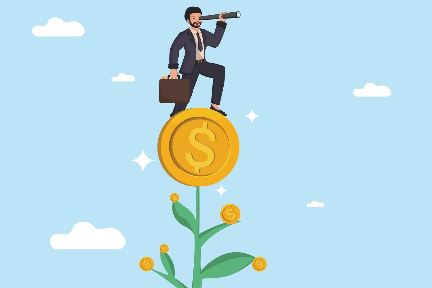 Businessman Looking for Financial Opportunity Growth Standing on Money Tree Concept. vector