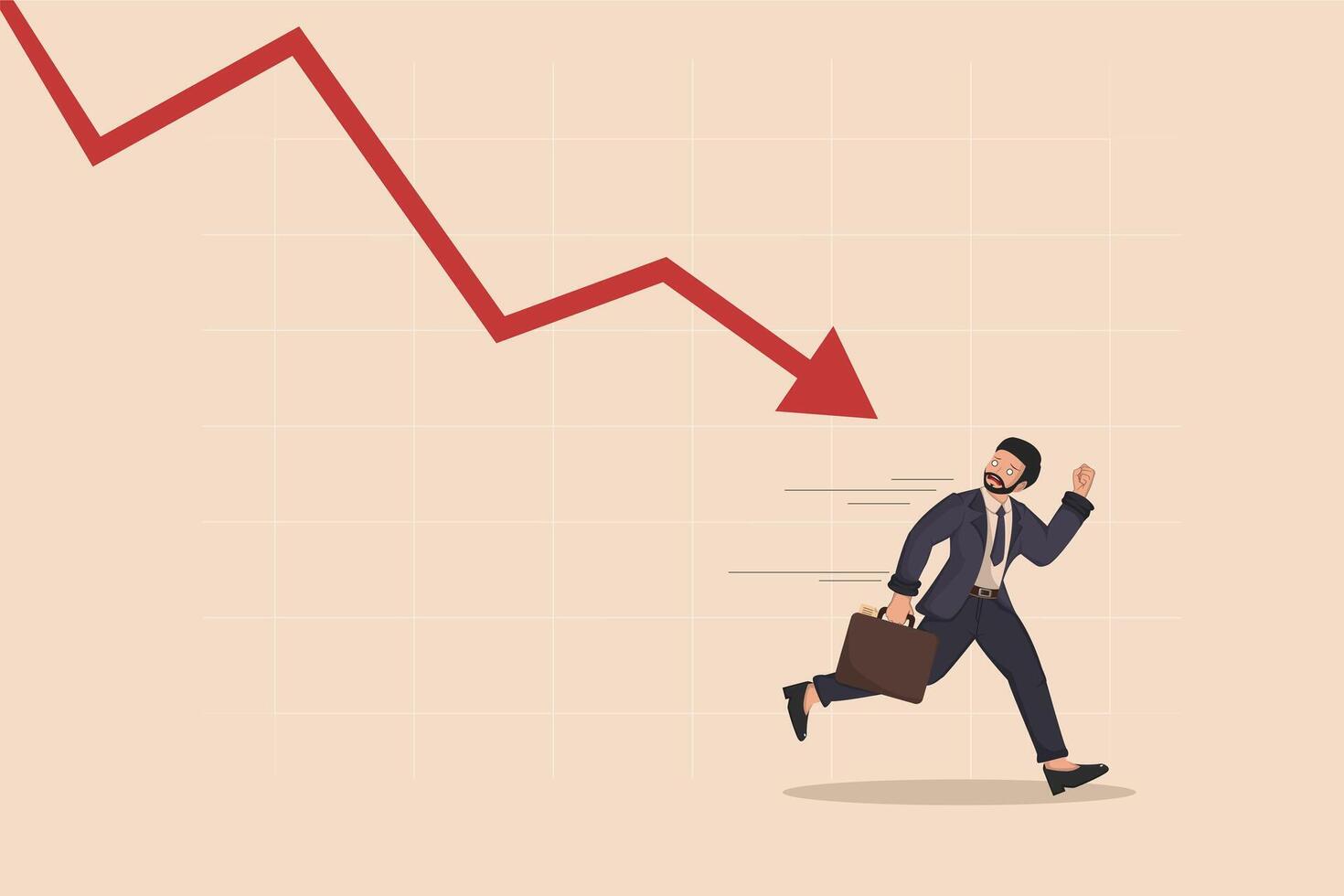 Businessman Running from Financial Crisis with Falling Stock Market Graph and Red Arrow. vector