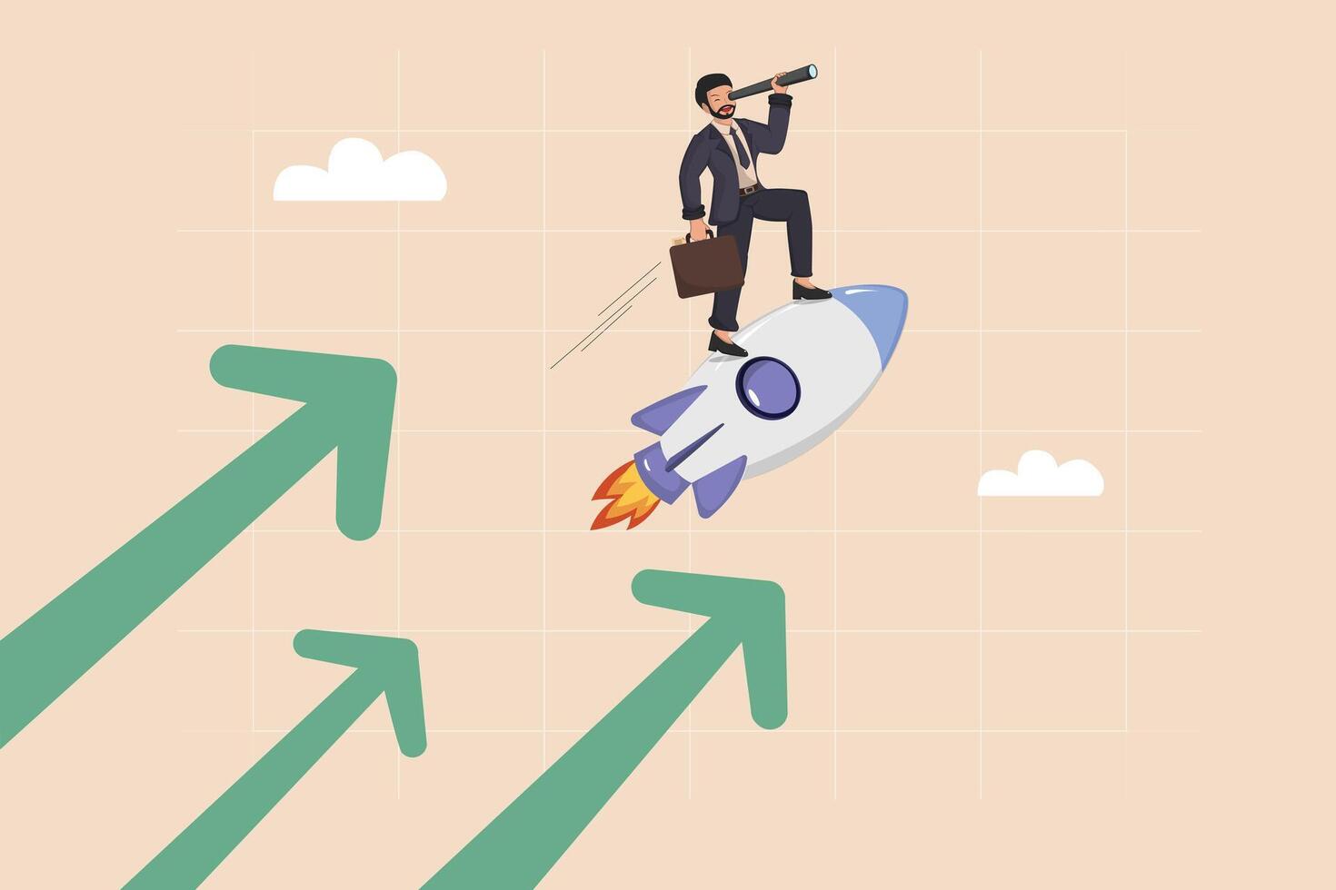 Businessman Riding Rocket to Success with Upward Growth Arrows and Telescope Vision Concept. vector