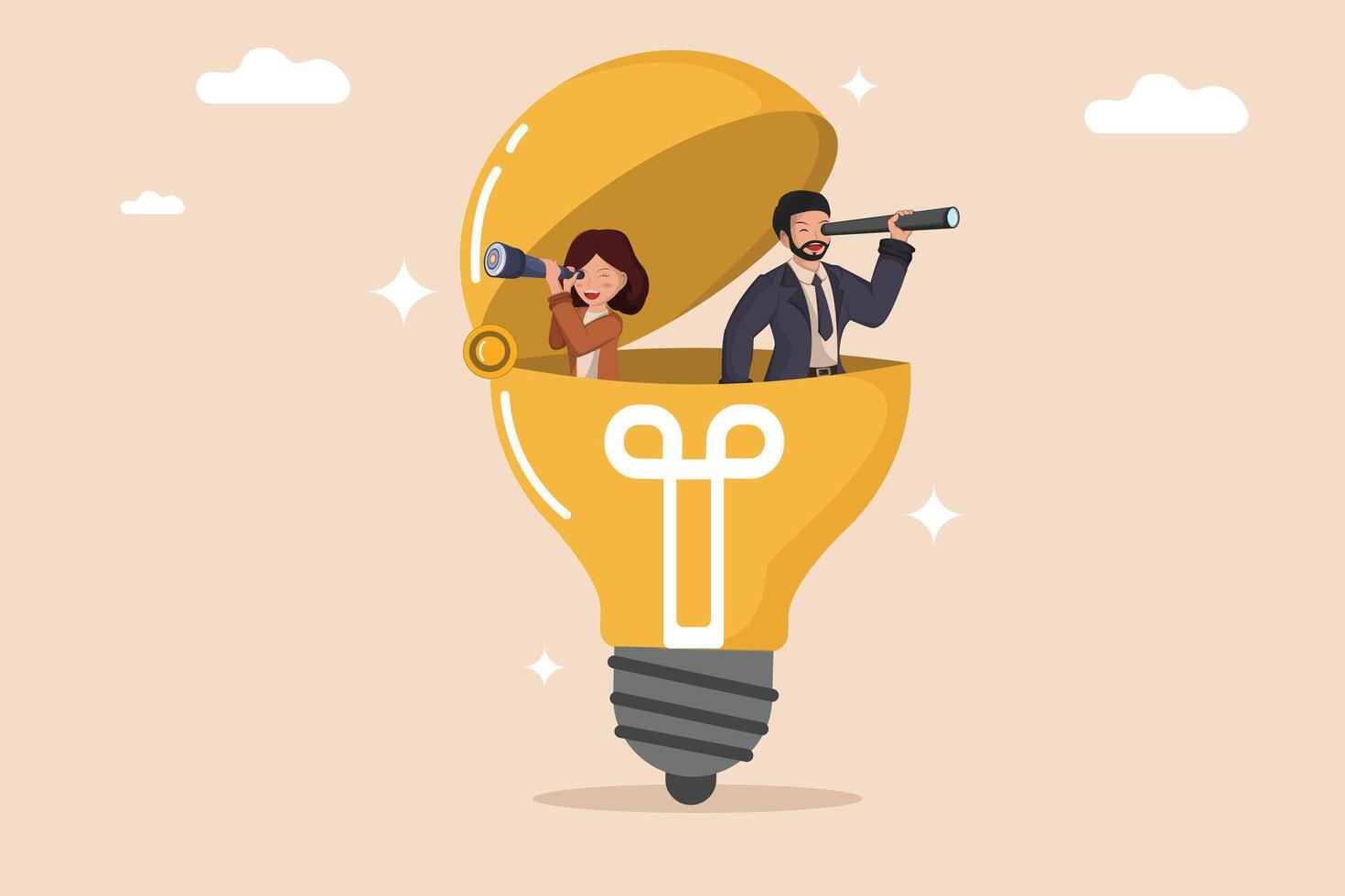 Visionary Business Team Man and Woman with Telescopes Inside a Lightbulb of Innovation. vector