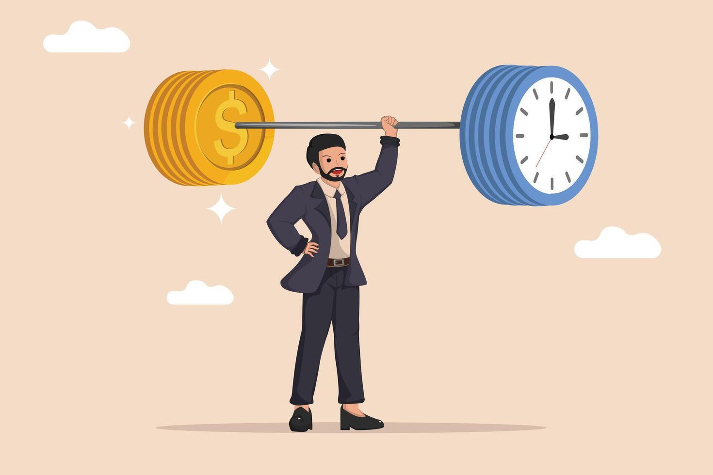 Businessman Lifting Barbell with Money and Time Symbols Representing Work-Life Balance and Financial Management vector
