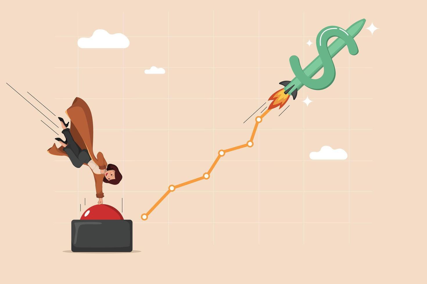 Concept of Financial Investment Success Businesswoman Pressing a Red Launch Button, Sending a Green Dollar Symbol Shaped Rocket Soaring Along an Upward Trending Chart. vector
