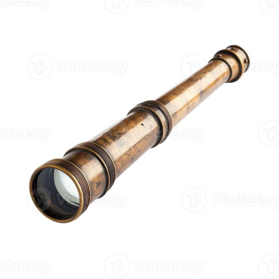 Antique brass telescope on transparent background. png