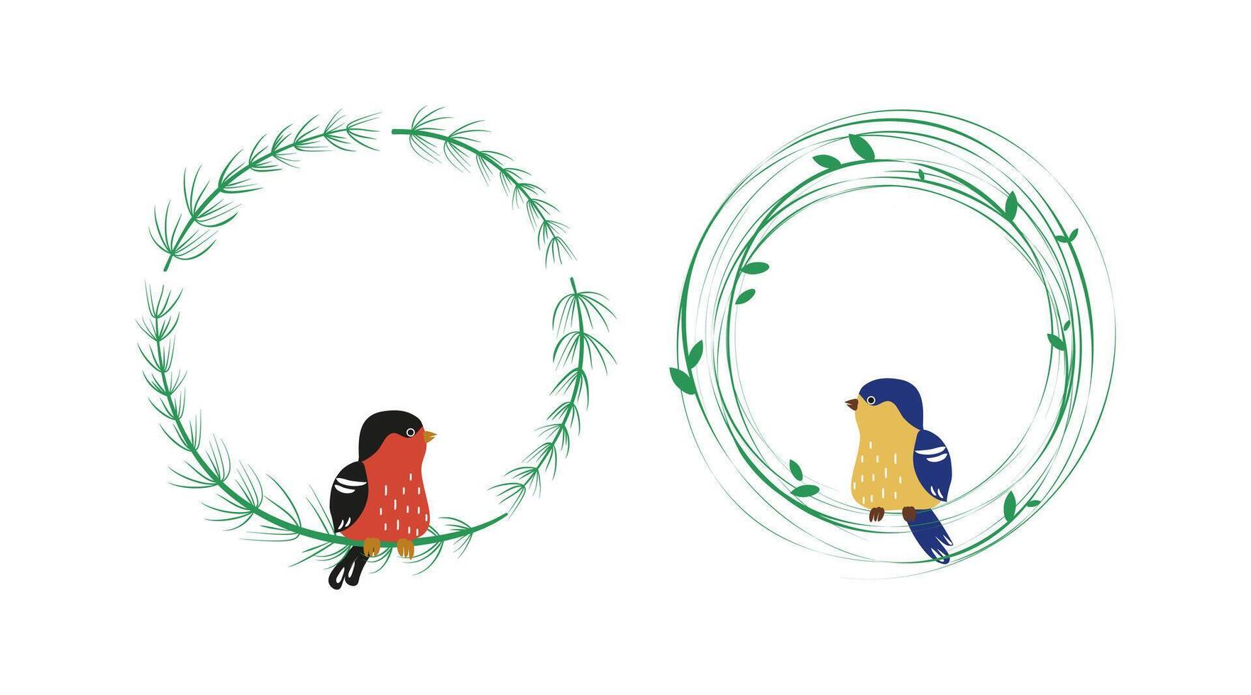 Set of a bird sitting on a branch. Round frame, plant border. National Bird Day. Background for postcard, banner, place for text, holiday background. vector
