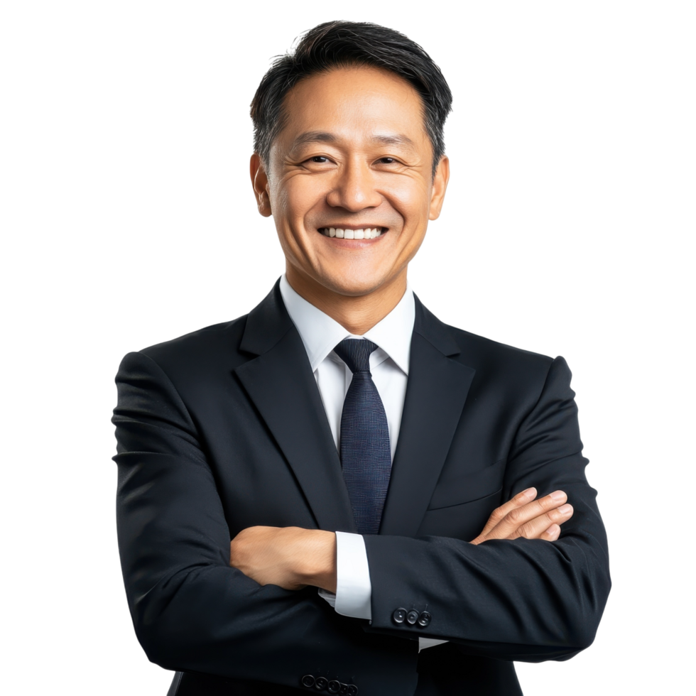 Man smiling in dark suit on transparent background. png