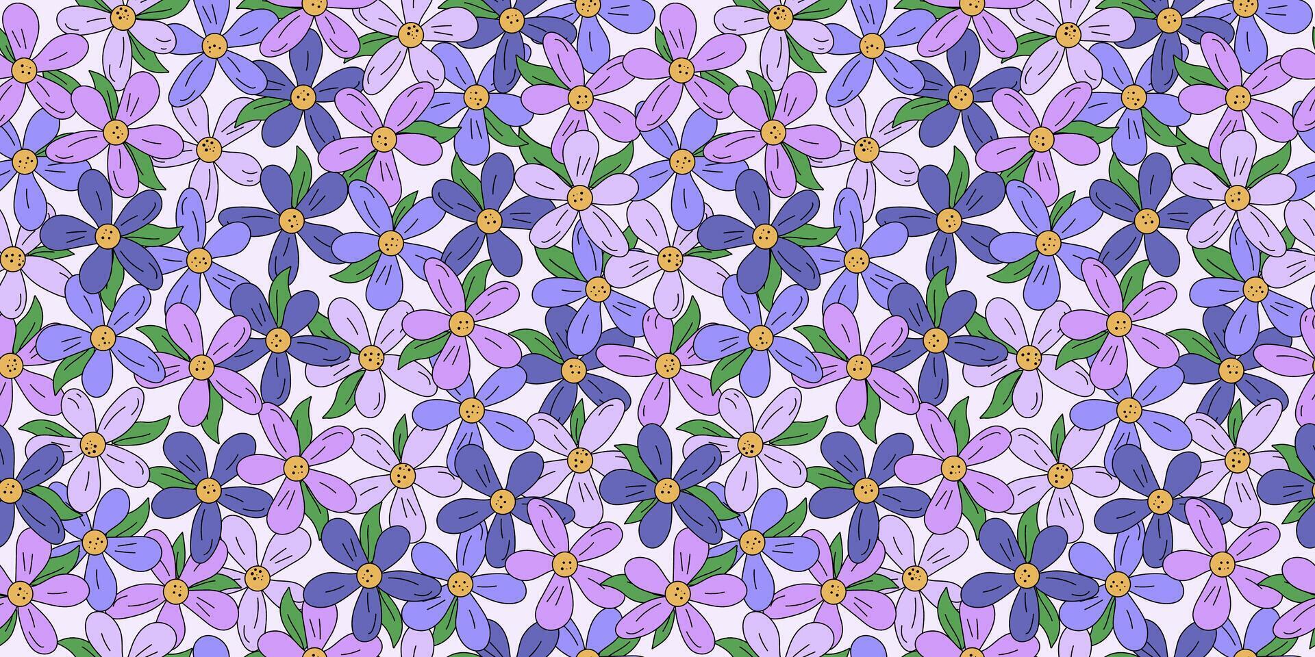 Pattern, colorful flowers. Line drawing, doodle. Simple meadow flower, seamless background. vector