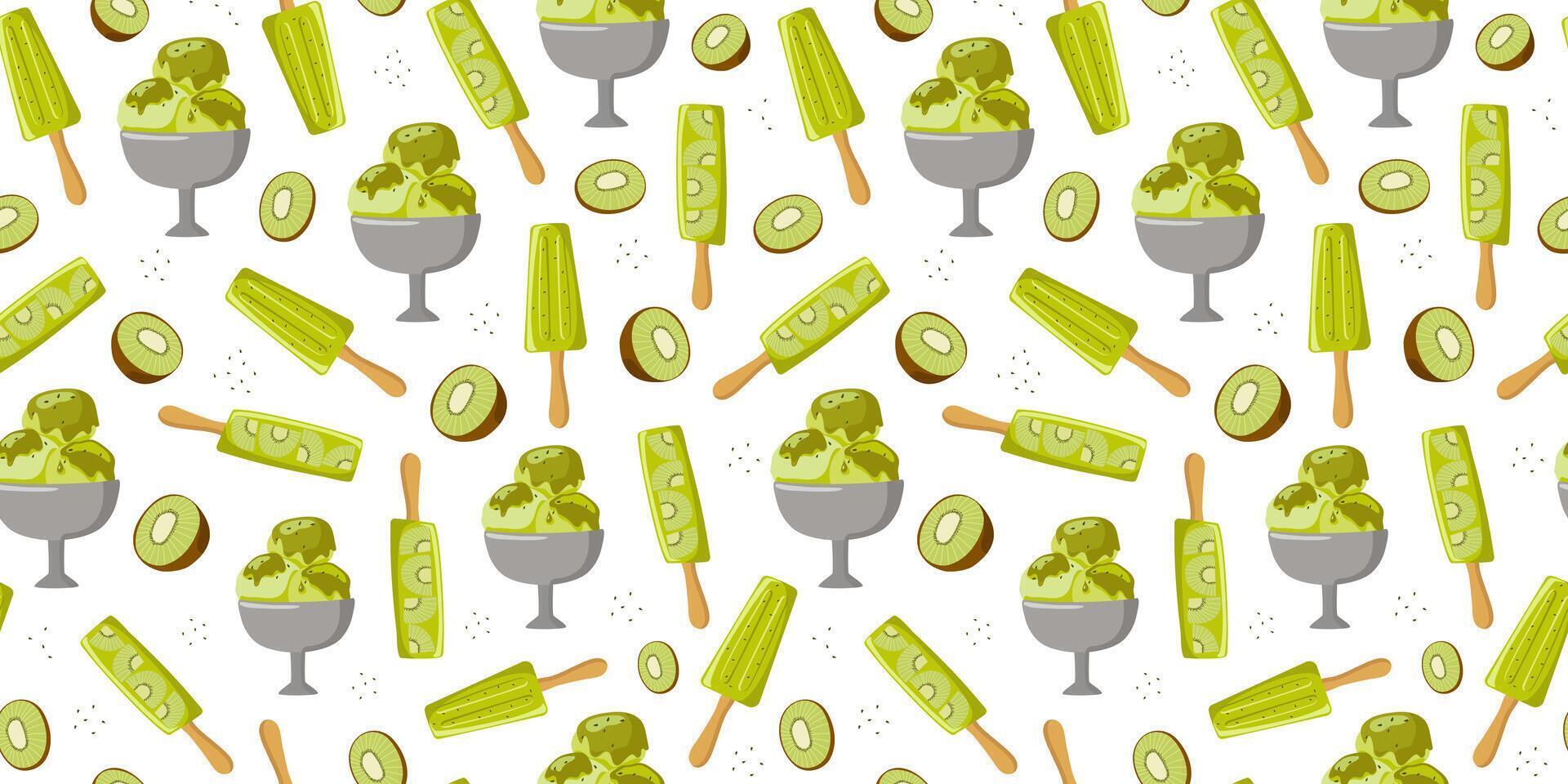 Kiwi Fruit Ice Cream set. Pattern seamless. Summer cold, frozen juice, fruit ice. Green ice cream with cream. Color illustration, cooking, food, cool dessert. vector