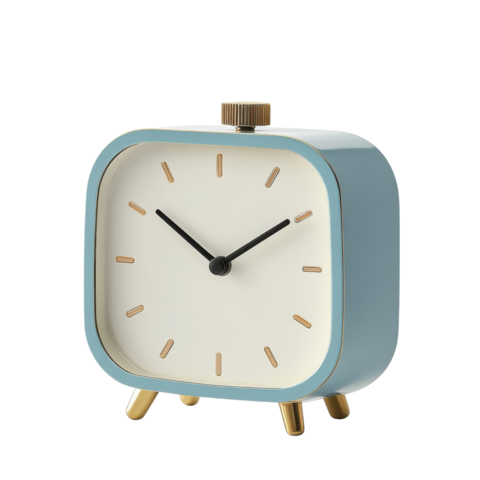 A blue retro alarm clock on transparent background. png