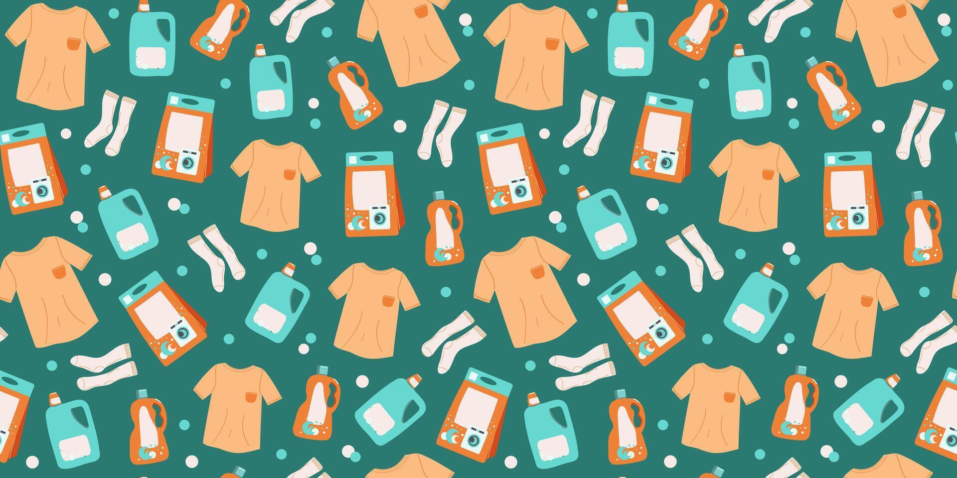 Detergent pattern, washing in the washing machine. Seamless background. Clean washed clothes, t-shirt and socks. Household chemicals and cleaning products. Packaging and bottles. vector