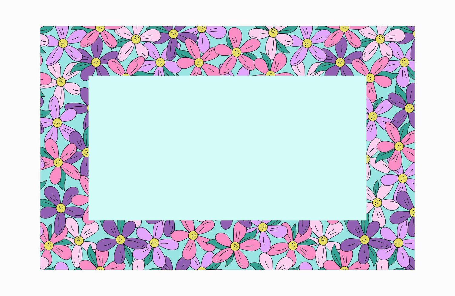 Frame, border of colorful flowers. Line drawing, doodle. Simple meadow flower, background for holiday card, banner. vector