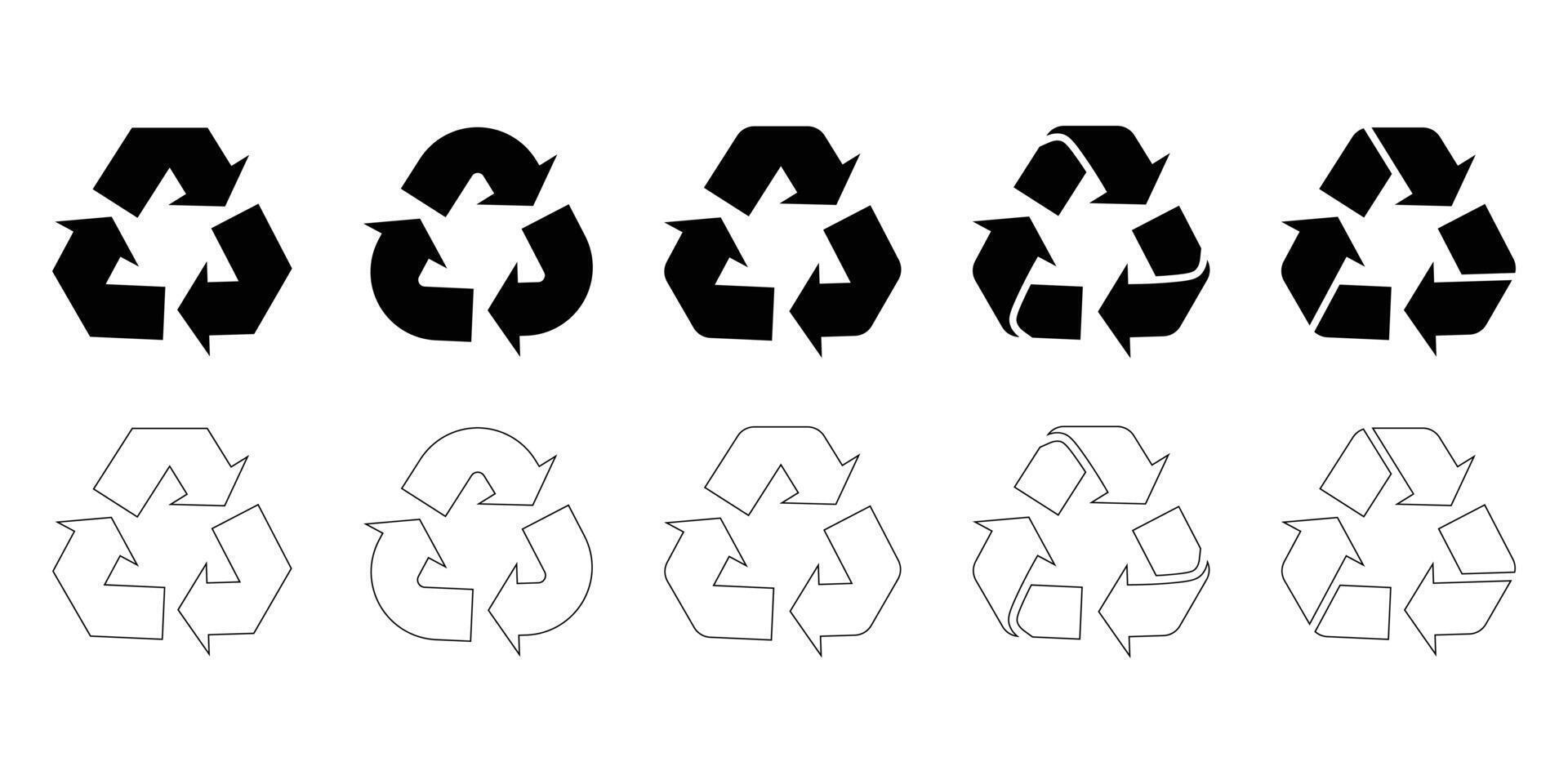 Black and white flat recycle symbol icon set vector