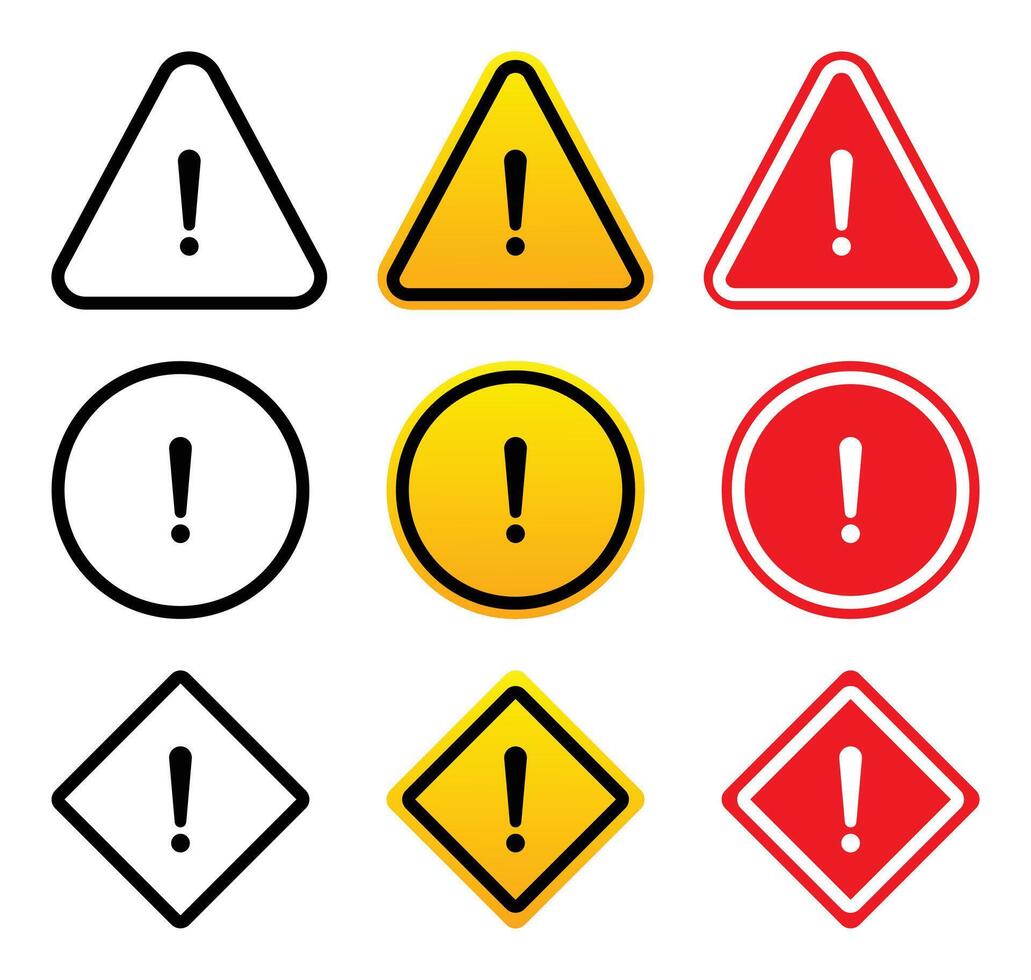 Various warning symbols with exclamation marks vector