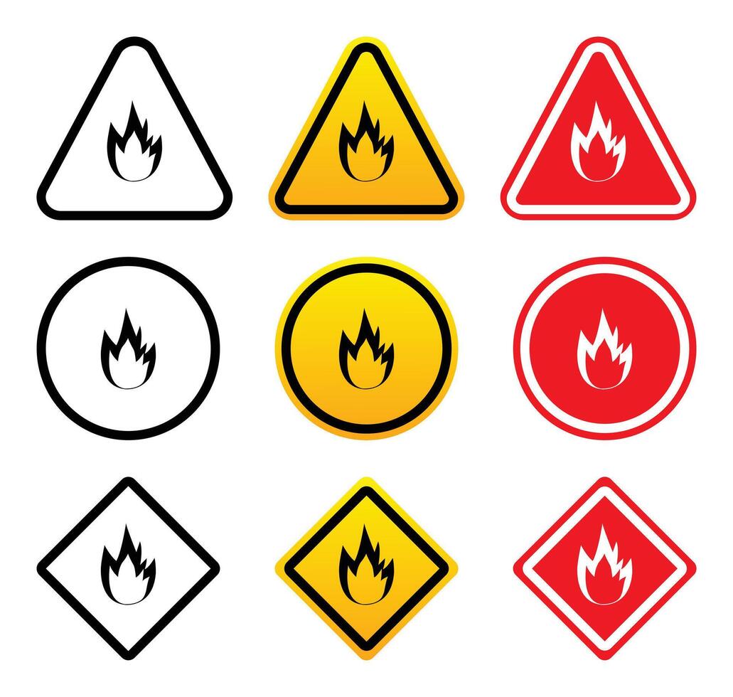 Fire Warning Signs in Different Shapes and Colors vector