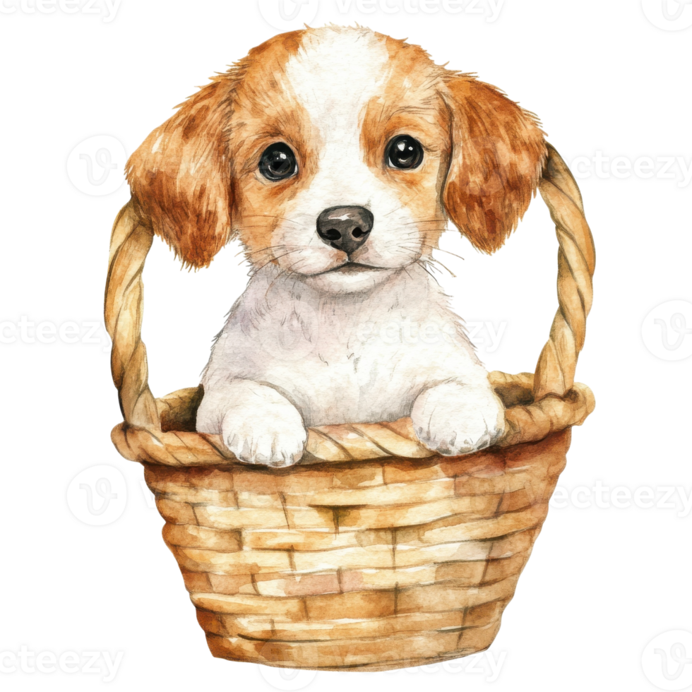 Puppy in a wicker basket on transparent background. png