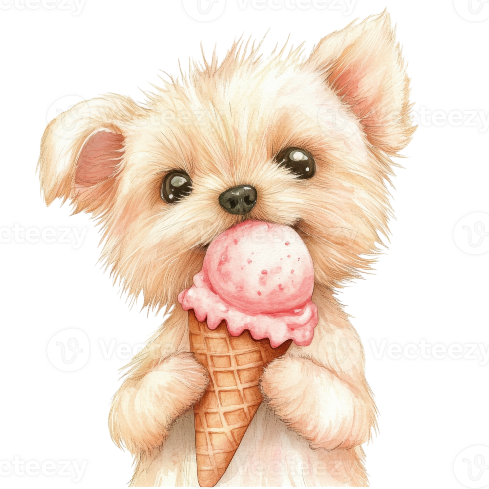 Puppy eating ice cream on transparent background. png