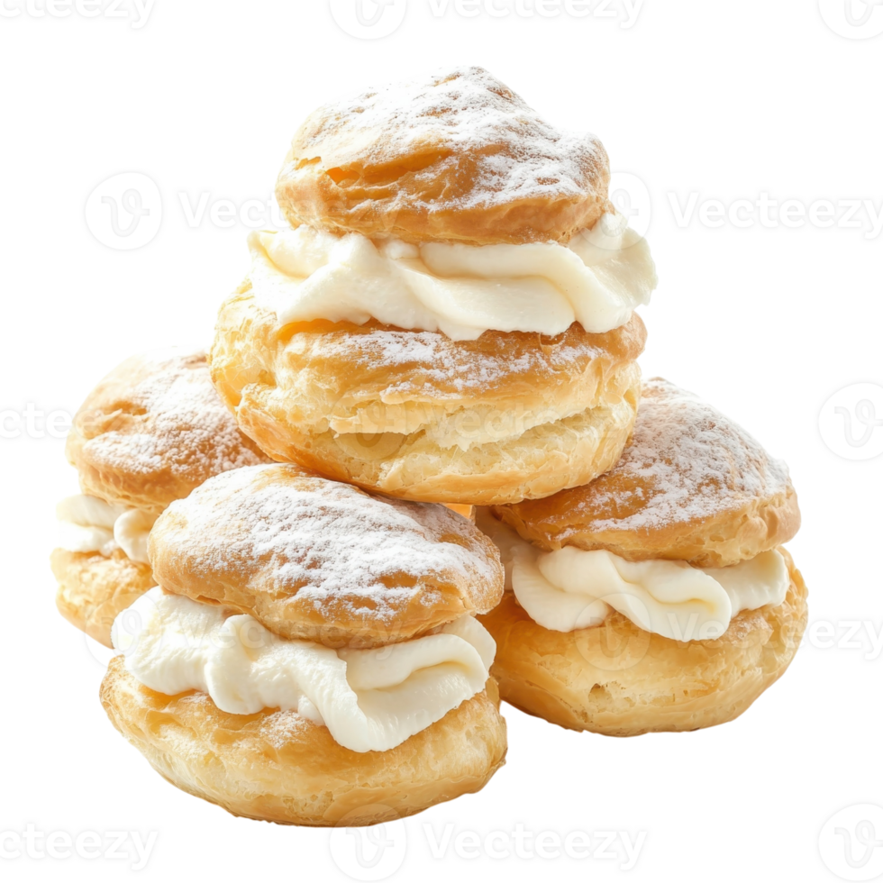 Cream puffs stacked high on transparent background. png