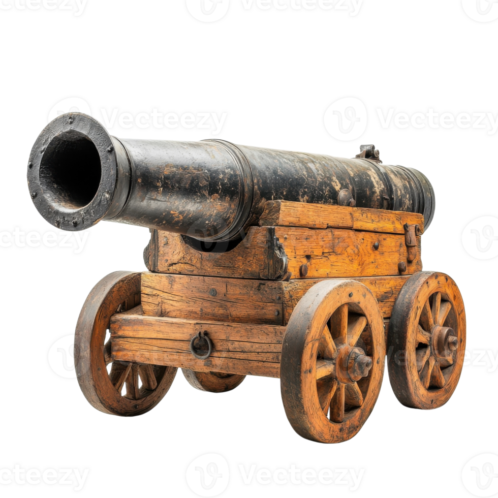 Old cannon on carriage on transparent background. png