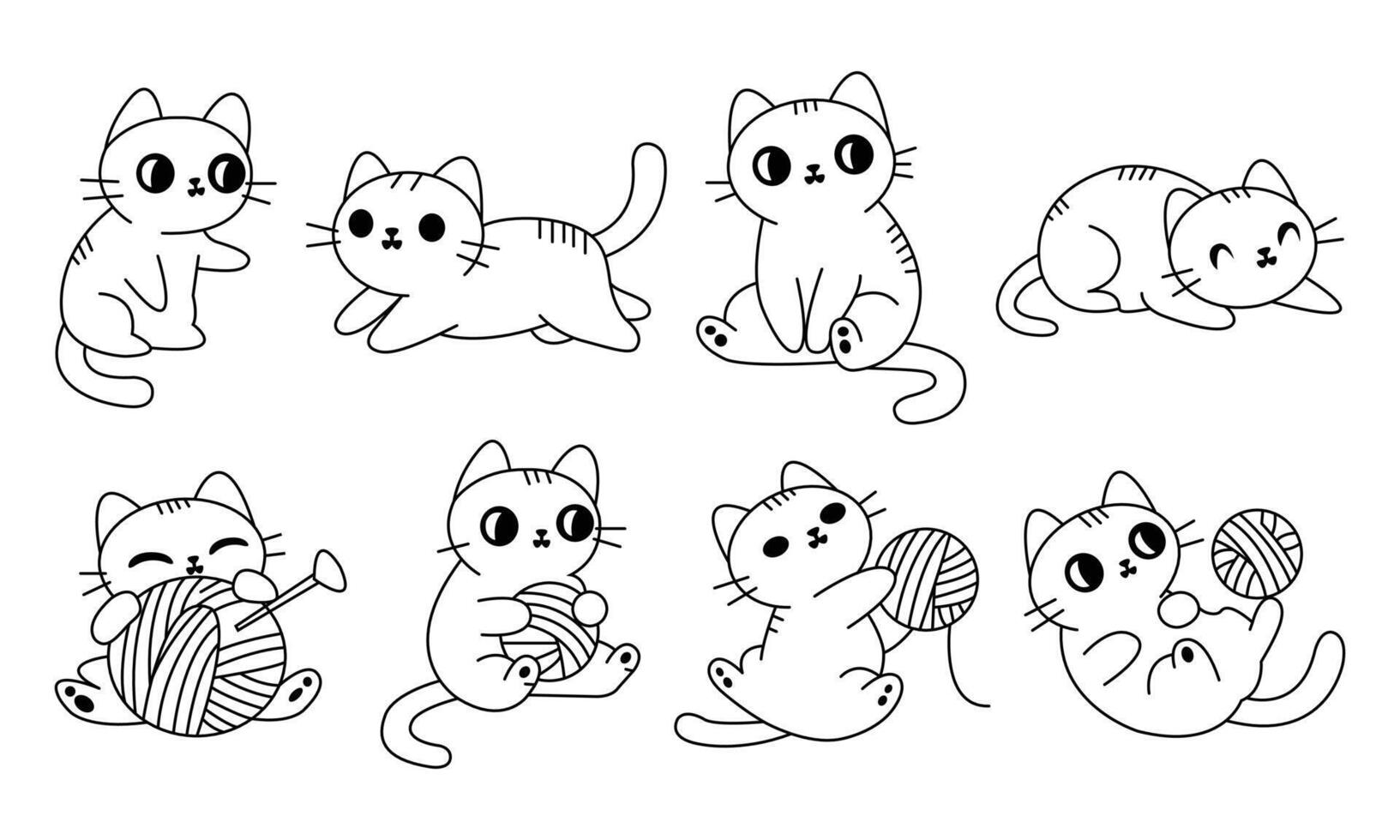 Collection of cute cartoon cats in various poses with yarn balls vector