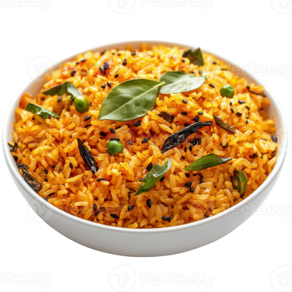 Bowl of spiced rice dish on transparent background. png