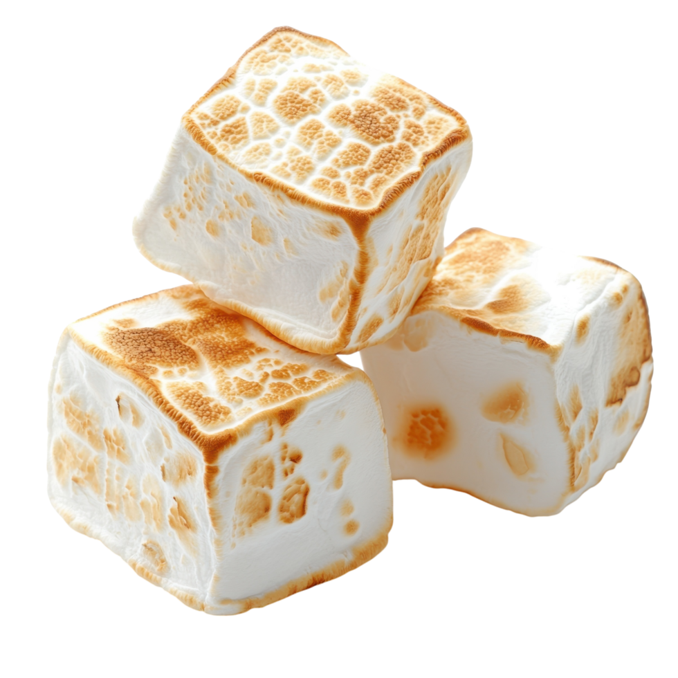 Toasted cube marshmallows on transparent background. png