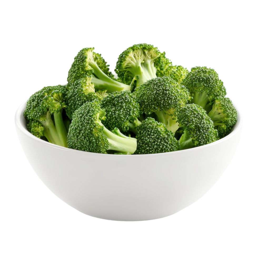 Broccoli in a white bowl on transparent background. png