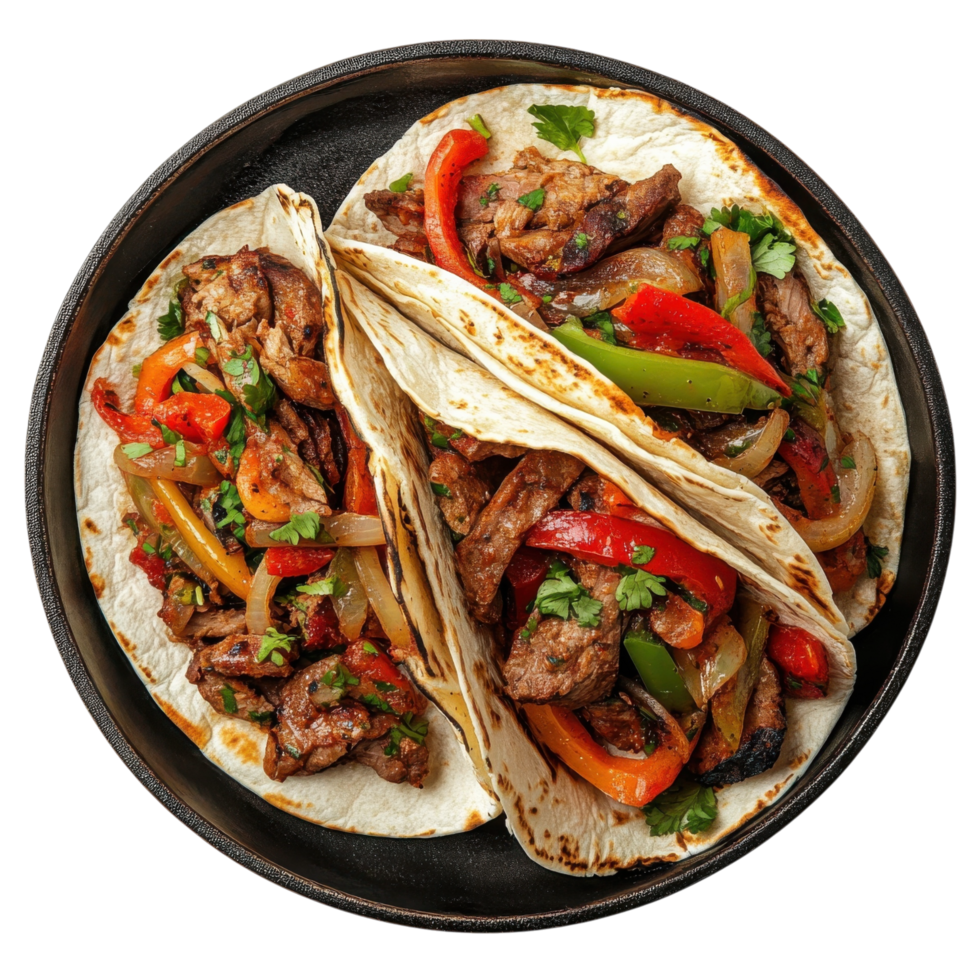 Two fajita tacos close on transparent background. png