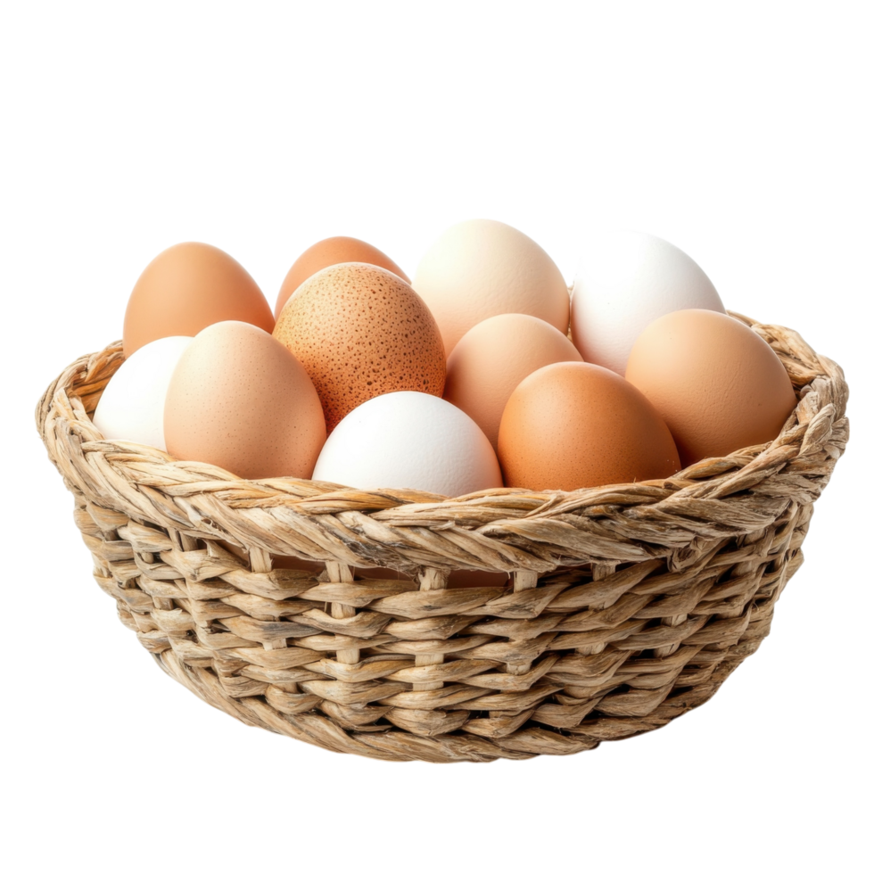 Eggs in a wicker basket on transparent background. png