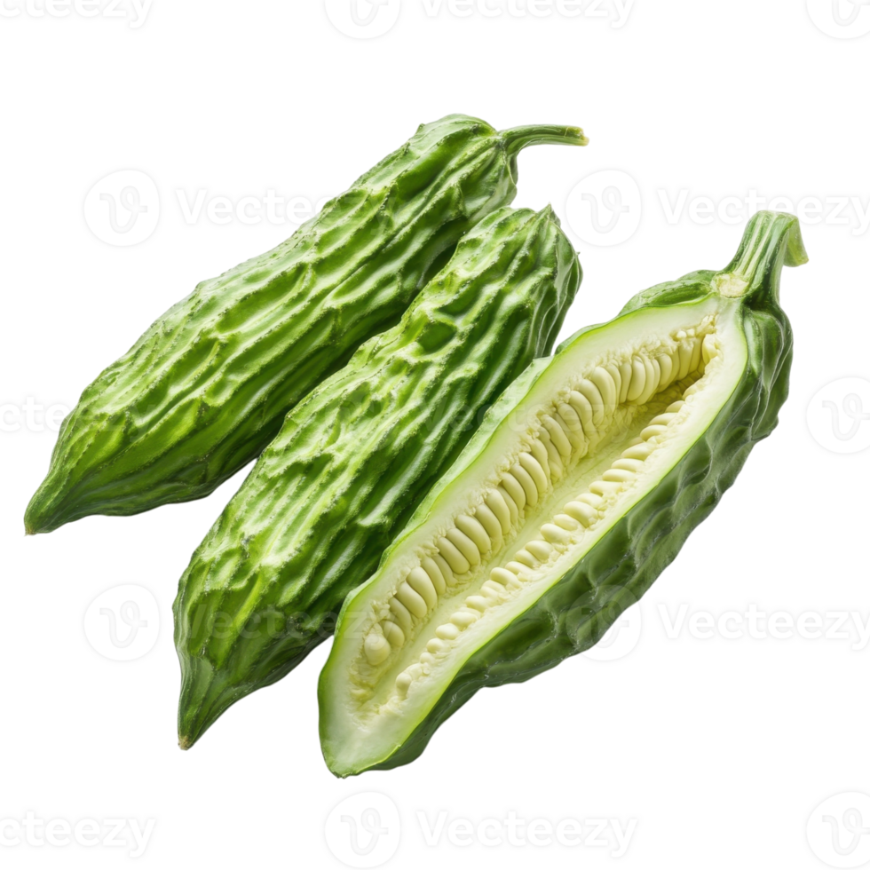 Three bitter melons shown on transparent background. png